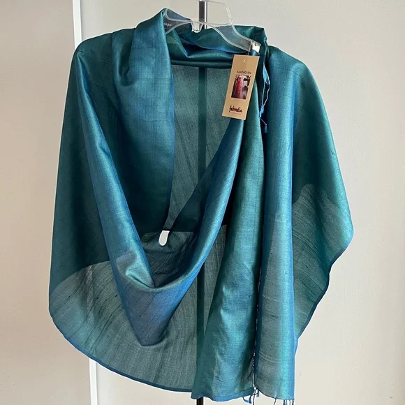 NWT Fabindia Handwoven 100% Silk Wrap Dupatta Stole Scarf Turquoise Teal Blue